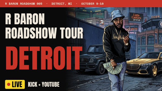 R Baron Roadshow Tour Detroit flyer, Roadshow 005, October 9-10, live on Kick and YouTube